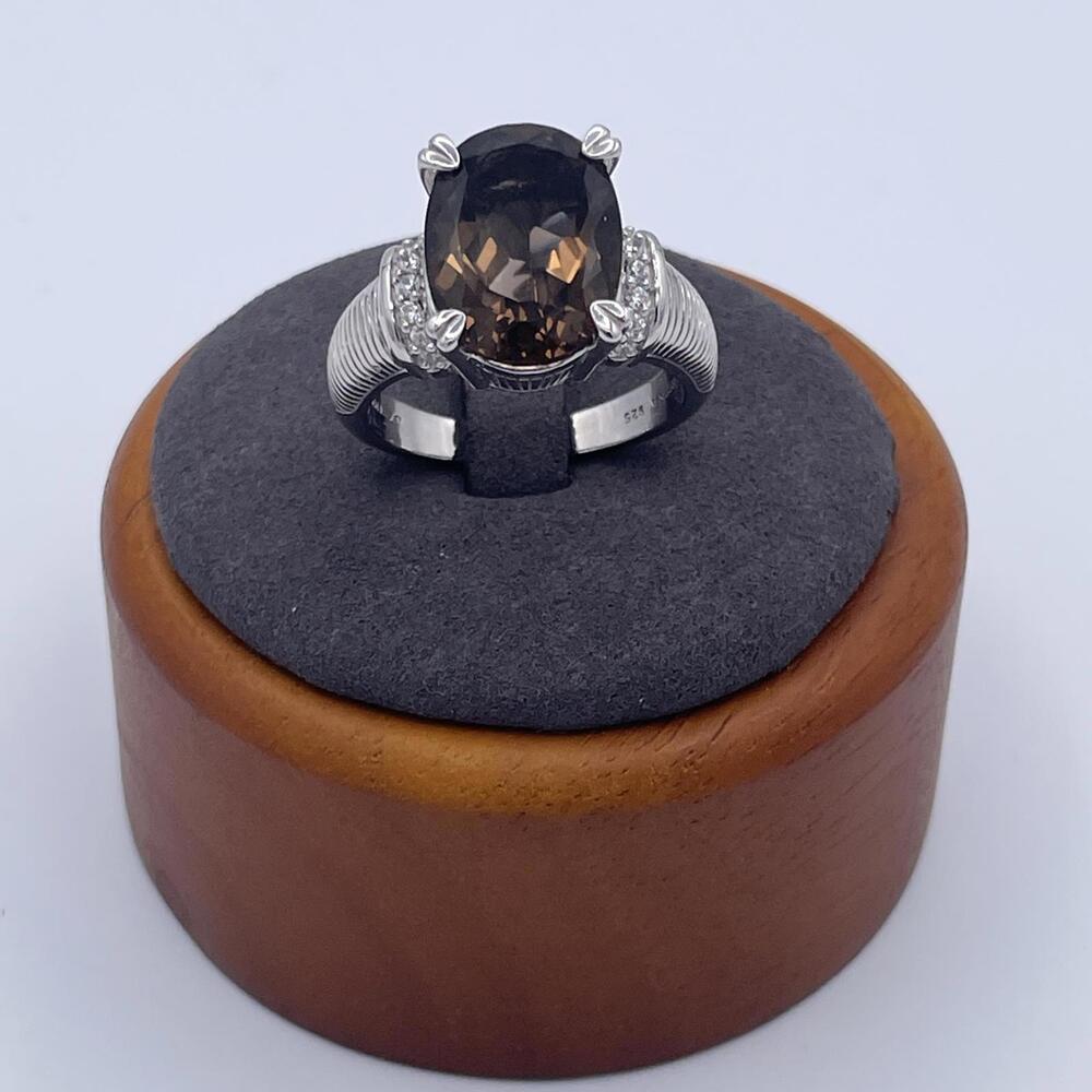 Judith Ripka Smoky Quartz Sterling Silver Ring with CZ Accents Size 7
